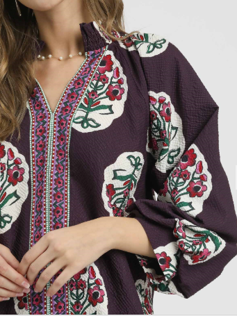 Lina Boho Floral Top- Plum - S