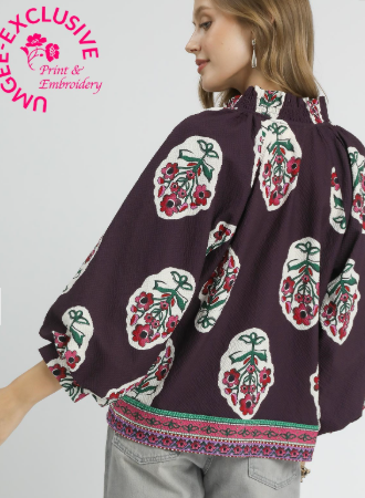 Lina Boho Floral Top- Plum