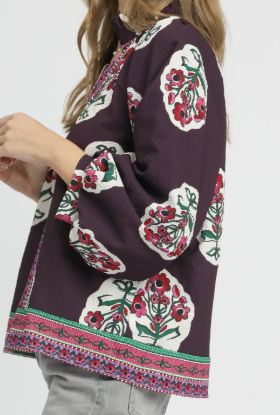 Lina Boho Floral Top- Plum