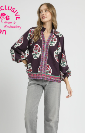 Lina Boho Floral Top- Plum