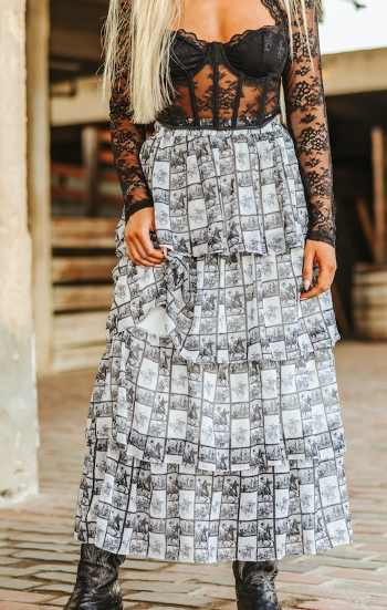Rodeo Toile Tiered Maxi Skirt- BLK/WHT - Xl