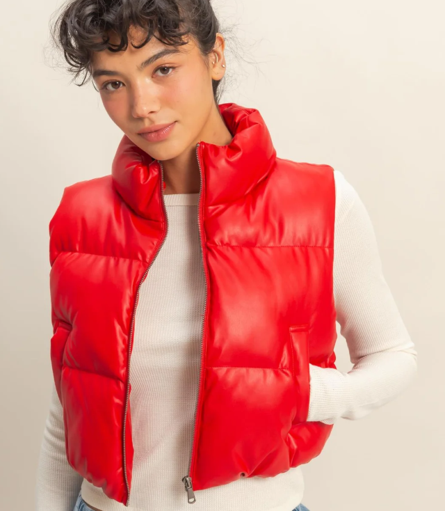 Eddie Faux Leather Cropped Puffer Vest - Red