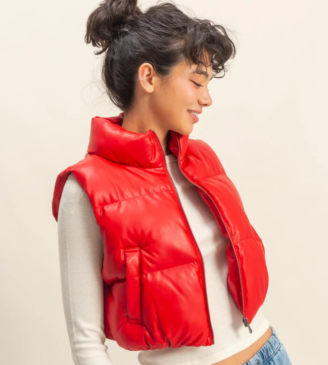 Eddie Faux Leather Cropped Puffer Vest - Red - Sm