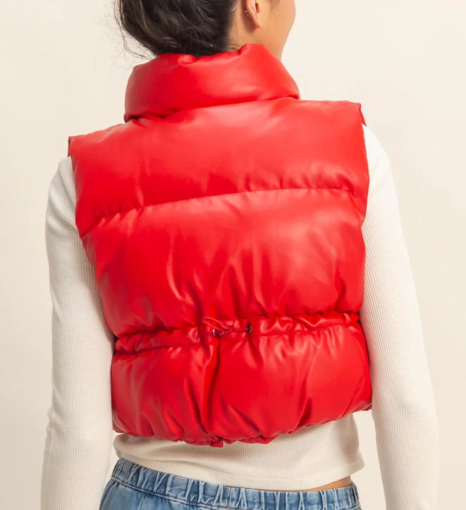 Eddie Faux Leather Cropped Puffer Vest - Red