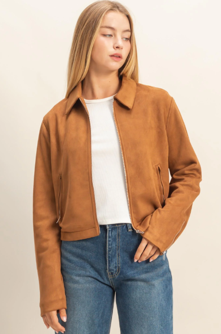 Mandy Suede Zip Bomber Jacket - Camel - Lg