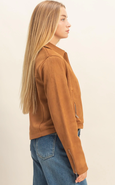 Mandy Suede Zip Bomber Jacket - Camel - Sm