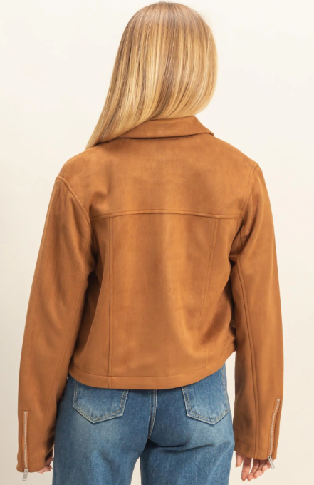 Mandy Suede Zip Bomber Jacket - Camel - Sm