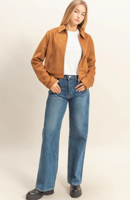 Mandy Suede Zip Bomber Jacket - Camel