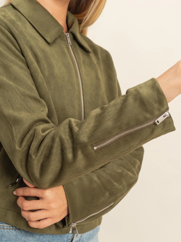 Mandy Suede Zip Bomber Jacket - Olive