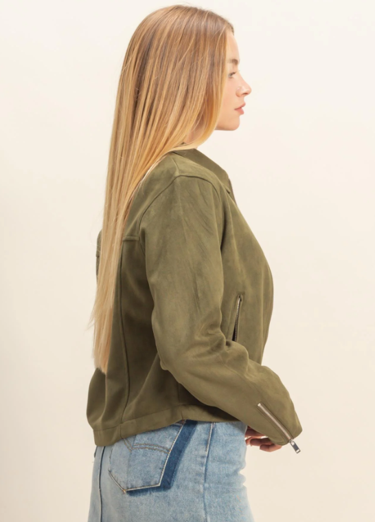 Mandy Suede Zip Bomber Jacket - Olive