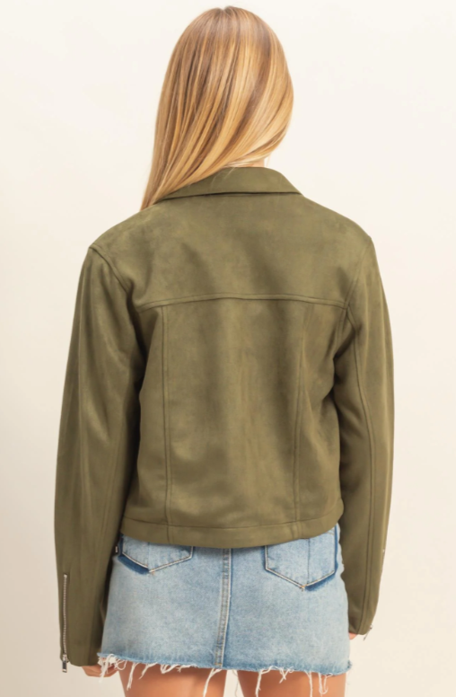 Mandy Suede Zip Bomber Jacket - Olive - Sm