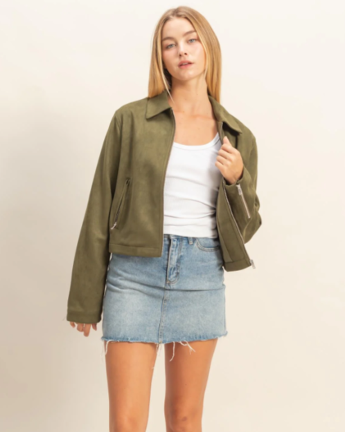 Mandy Suede Zip Bomber Jacket - Olive - Lg
