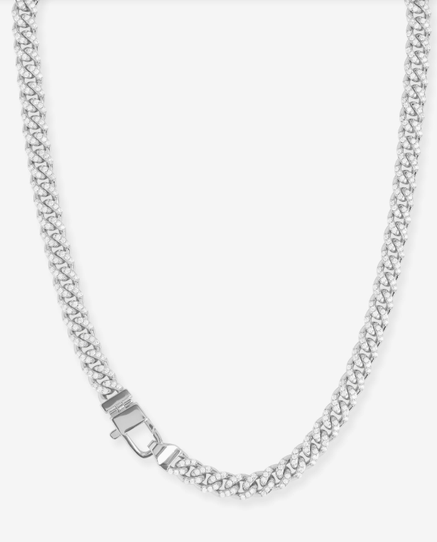 Pave Julian Cuban Chain Necklace 18" 6.8mm-Silver/White