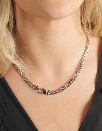 Pave Julian Cuban Chain Necklace 18" 6.8mm-Silver/White