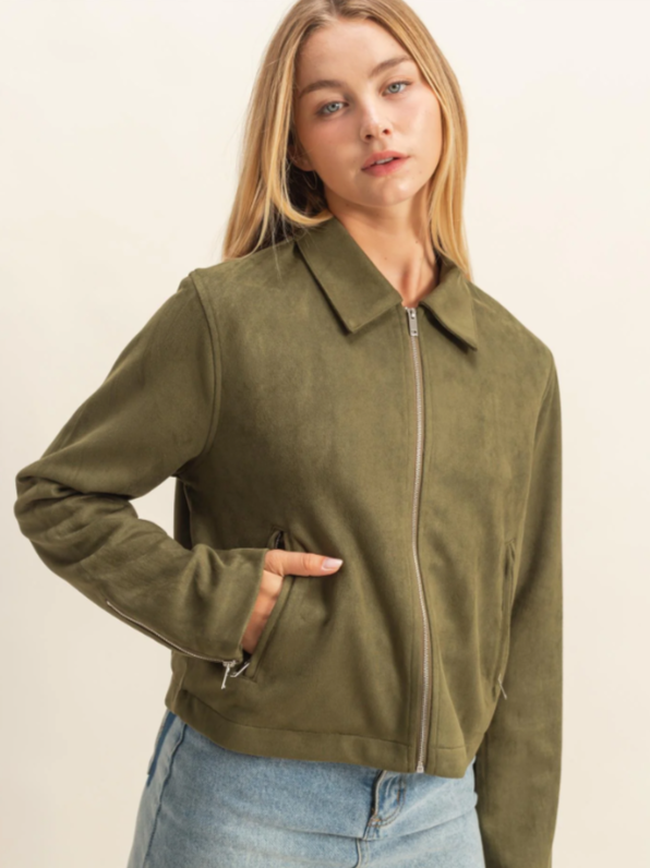 Mandy Suede Zip Bomber Jacket - Olive