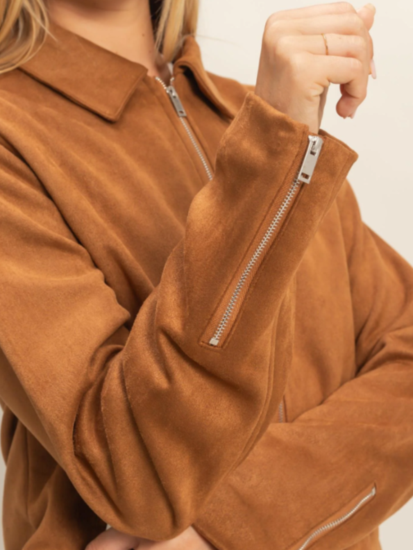 Mandy Suede Zip Bomber Jacket - Camel