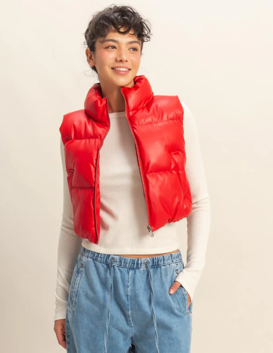 Eddie Faux Leather Cropped Puffer Vest - Red - Sm