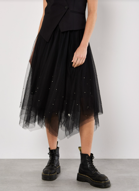 Kayle Pearl Tulle Midi Skirt- Black