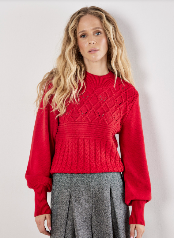 Gladys Mock Neck Sweater Top- Red - S