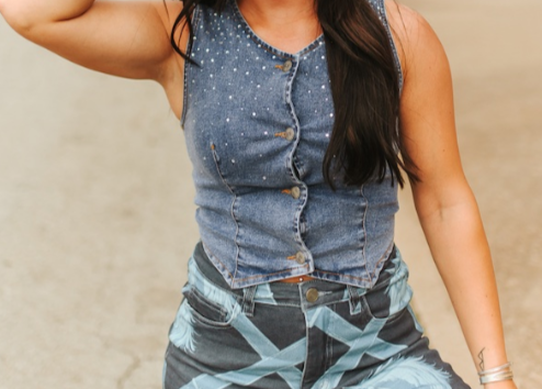 Denim Rhinestone Button Down Vest - S