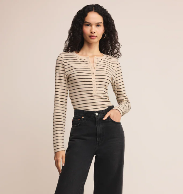 Eve Stripe Henley LS- Light Oatmeal Heather - Xs
