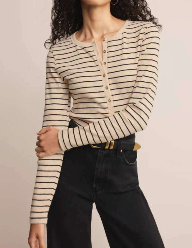 Eve Stripe Henley LS- Light Oatmeal Heather