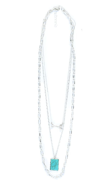 24" Layered Silver Chain Necklace W/ Arrows & Turq. Bar Accents