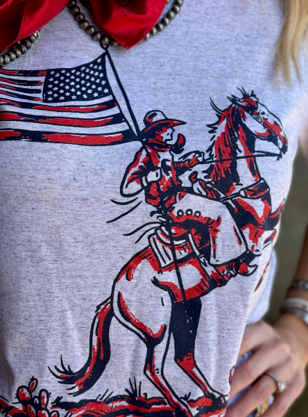 Patriotic Cowboy Tee- White Fleck
