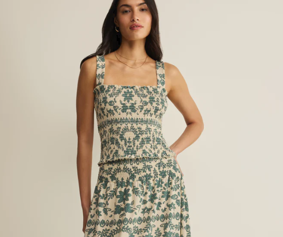 Leya Tera Paisley Smocked Top- Everglade