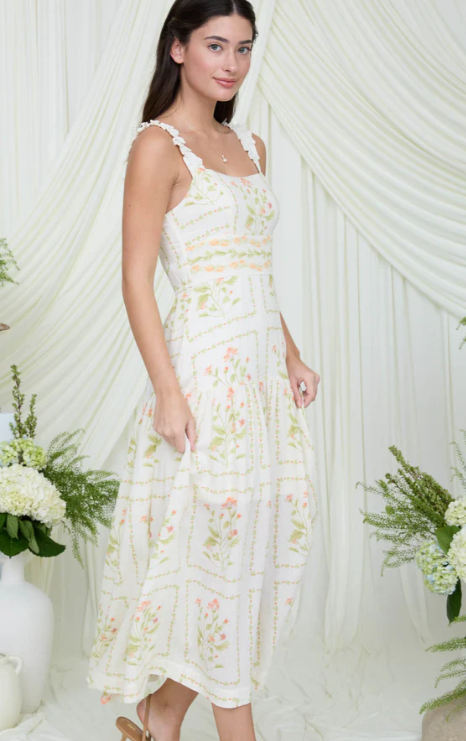 Layla Floral Midi Dress- Cream