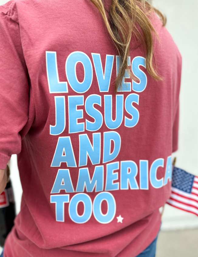 Loves Jesus & America Too Tee- Crimson