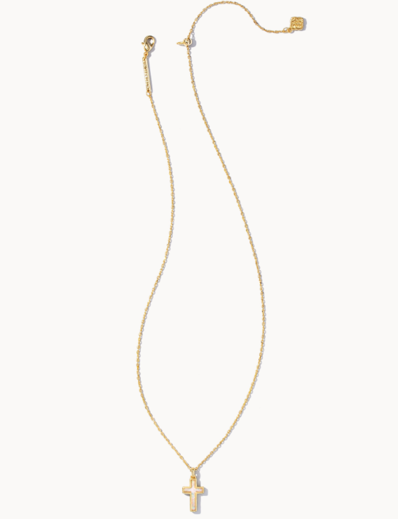 Cross Pendant Necklace- Gold White Opal