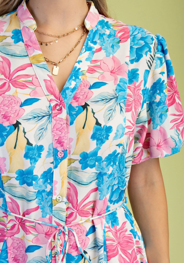 Ani Floral Button Down Dress- Blue Mix