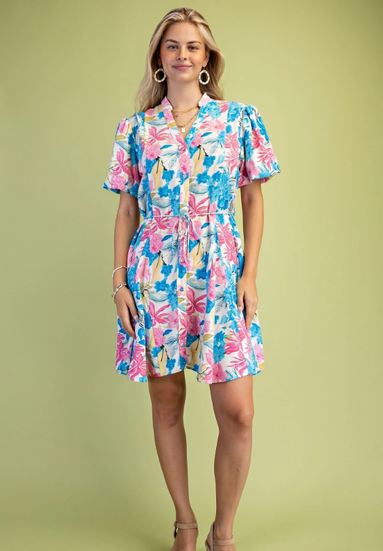 Ani Floral Button Down Dress- Blue Mix