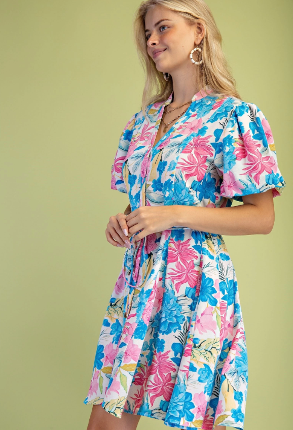 Ani Floral Button Down Dress- Blue Mix