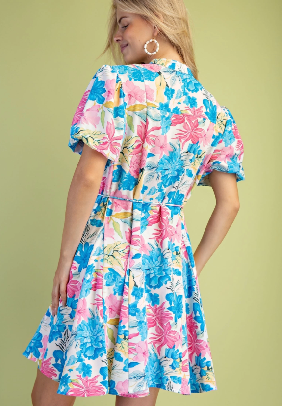 Ani Floral Button Down Dress- Blue Mix