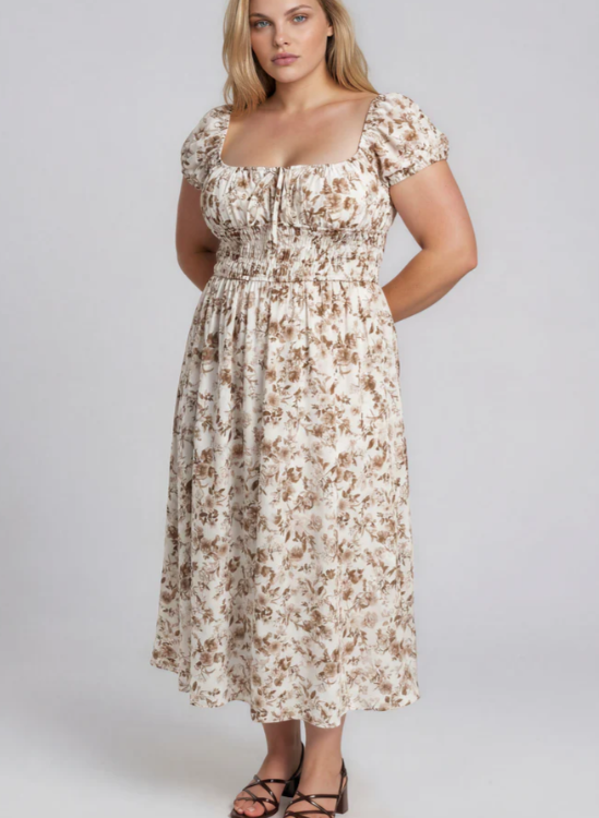 Kari Floral Midi Dress- Brown Multi
