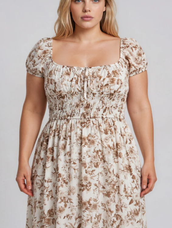 Kari Floral Midi Dress- Brown Multi