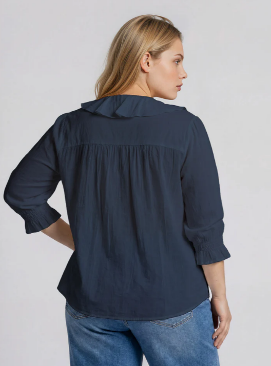 Rita Ruffled V-Neck Blouse- Navy