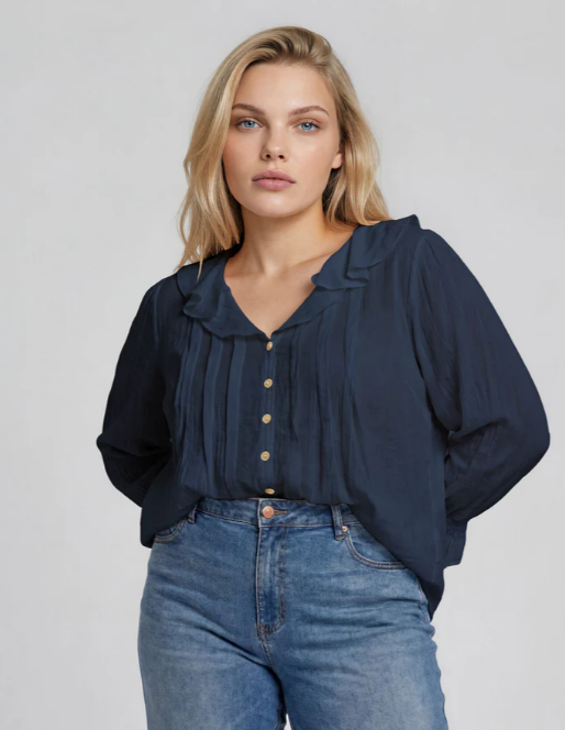 Rita Ruffled V-Neck Blouse- Navy