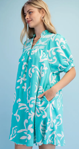 Airy Ruffled V-Neck Dress- Aqua Mix