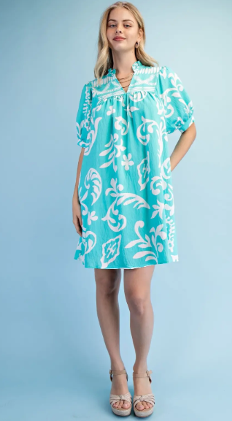 Airy Ruffled V-Neck Dress- Aqua Mix