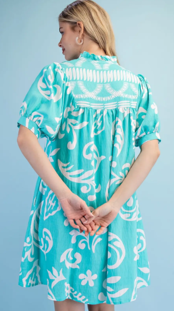 Airy Ruffled V-Neck Dress- Aqua Mix