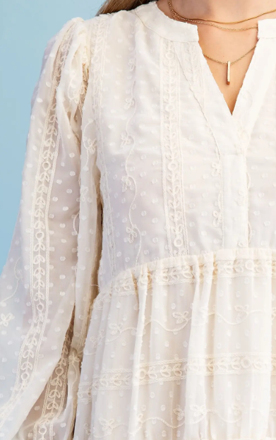 Marcia V-Neck Emb. Dot Dress- Natural