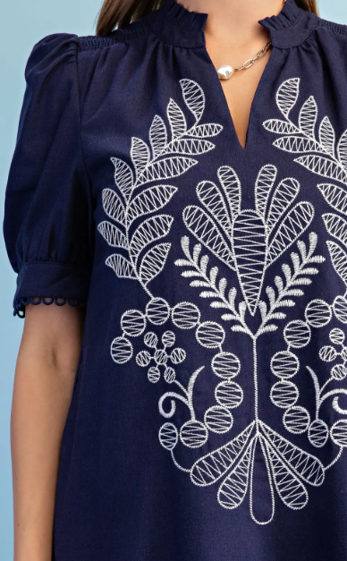Lysa V-Neck Smocking Dress- Navy