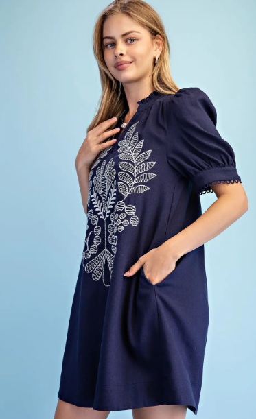 Lysa V-Neck Smocking Dress- Navy
