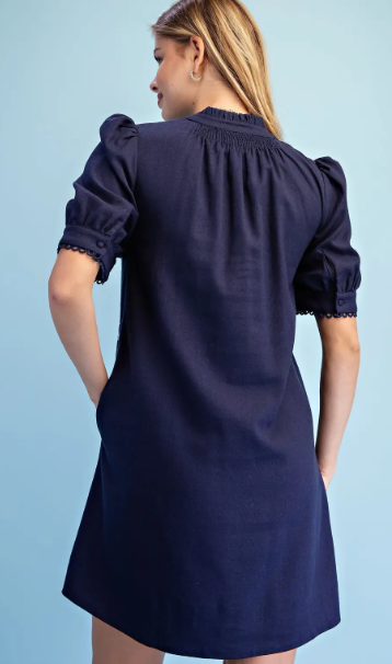 Lysa V-Neck Smocking Dress- Navy