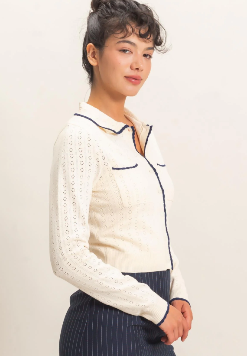 Gia Collared Pointelle Knit Cardigan- Cream