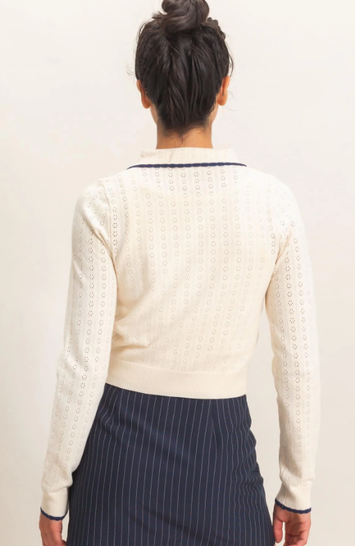 Gia Collared Pointelle Knit Cardigan- Cream