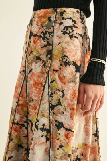 Amora Contrast Stitched Godet Midi Skirt- Black Multi